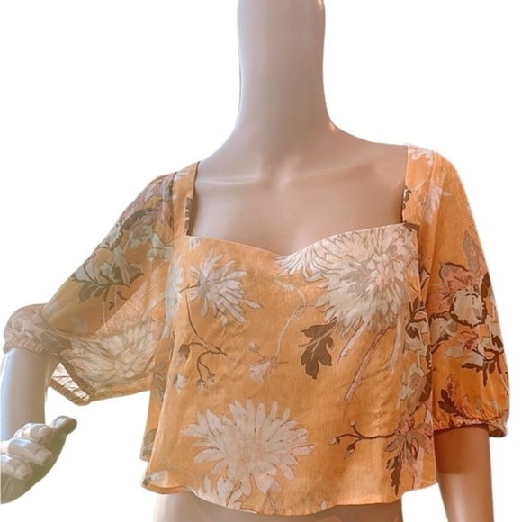 H&M Floral Yellow Crop Top Blouse Draw String Back Low Cut Women’s Summer - Picture 2 of 9